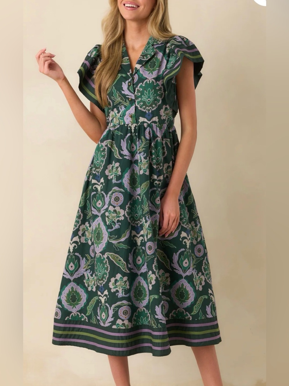 entro Green Floral Print Midi Dress with Lavender Accents size large
